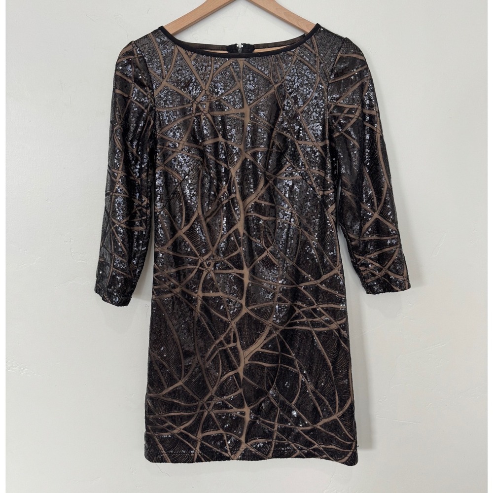 Tadashi Shoji Black Sequin Geometric Mesh Mini Dress 3/4 Sleeve LBD Cocktail 6